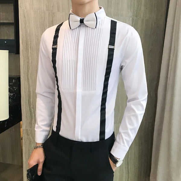 Men's Tuxedo Shirt Bow-tie Chest Pleated Strap Long Sleeve