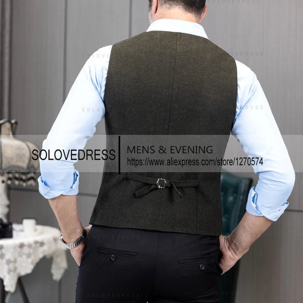 Men's Formal Suit Vest V-Neck Tweed Herringbone Waistcoat