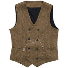V Neck Men's  Suit Vests Herringbone Wool Tweed Double Breasted