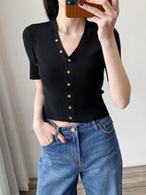 Single Breasted V Neck Short Knitwear With Button Women Retro Summer Short